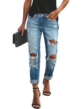 Women's Ripped Blue Mid Waisted Boyfriend Jeans Loose Fit Distressed Stretchy